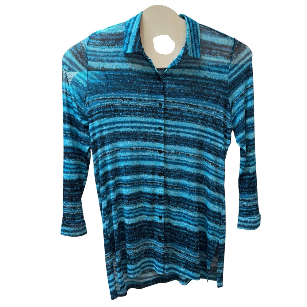 Chico's Travelers Collection Blue Abstract Mesh Button Down Tunic Shirt Size 12‎